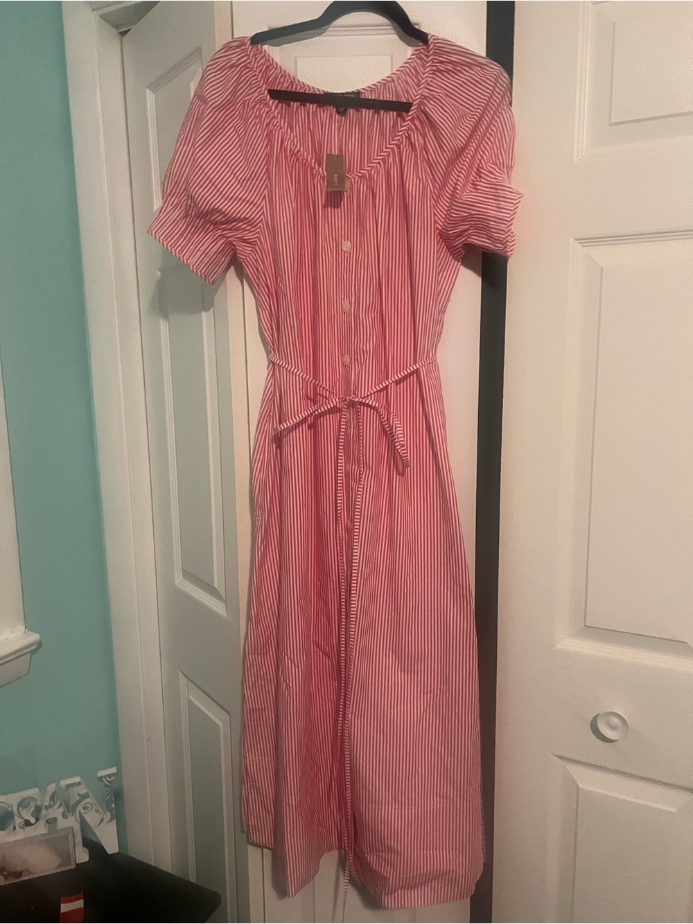 New J.Crew Red and White Striped Button-Front Midi Dress - Picture 2 of 9